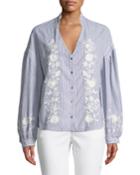 Floral Embroidery Pinstripe Button-down Blouse