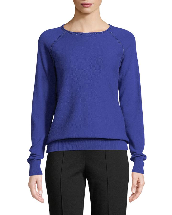 Cashmere Jacquard Knit Raglan-sleeve Sweater With Embellishment