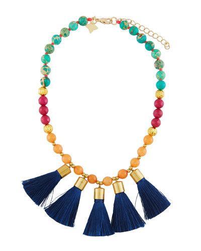 Multihued Stone-beaded Tassel Necklace
