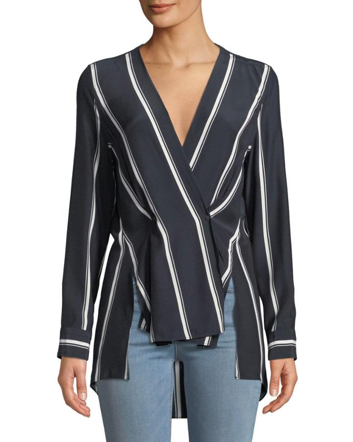 Debbi Striped Silk Drape-front Top