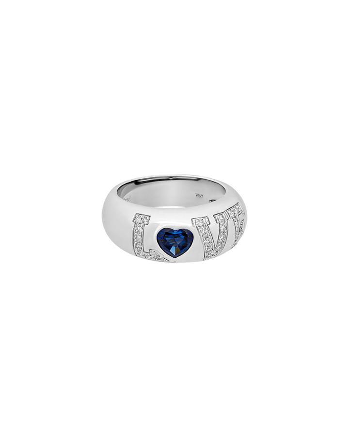 18k White Gold Diamond Love Sapphire Heart Ring,
