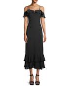 Siren Cold-shoulder Sheath Midi Crepe Dress W/ Ruffled Frills