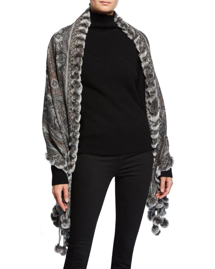 Double-face Wool Stole W/ Rabbit Fur Pompoms, Gray Pattern