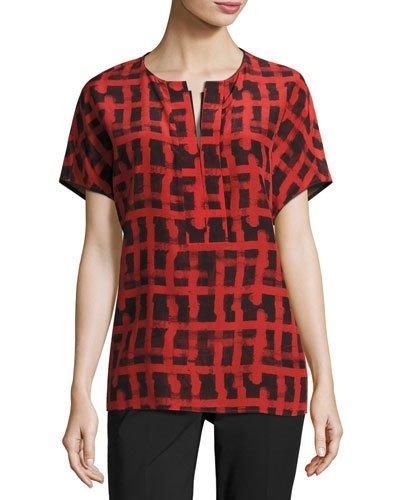 Lula Short-sleeve Printed Silk Blouse, Red