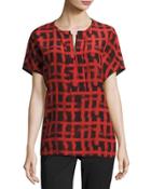Lula Short-sleeve Printed Silk Blouse, Red