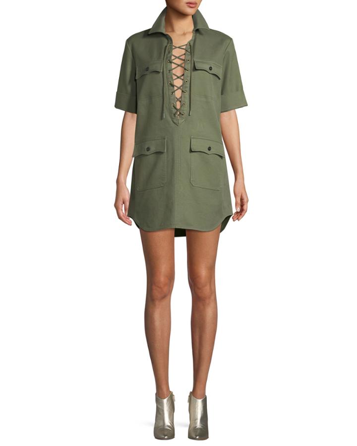 Record Brode Lace-up Short-sleeve Shirtdress W/ Embroidery