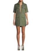 Record Brode Lace-up Short-sleeve Shirtdress W/ Embroidery