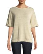 Short-sleeve Tweedy Shimmer Sweater With Pockets