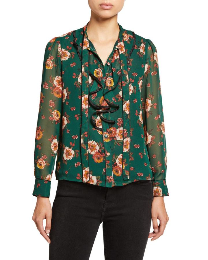 Ruffle-front Floral-print Chiffon Blouse