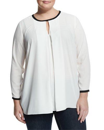 Front-pleat Contrast-trim Blouse, New Ivory,