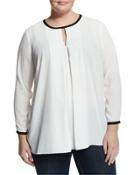 Front-pleat Contrast-trim Blouse, New Ivory,