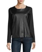 Long-sleeve Leather-front Crewneck Top