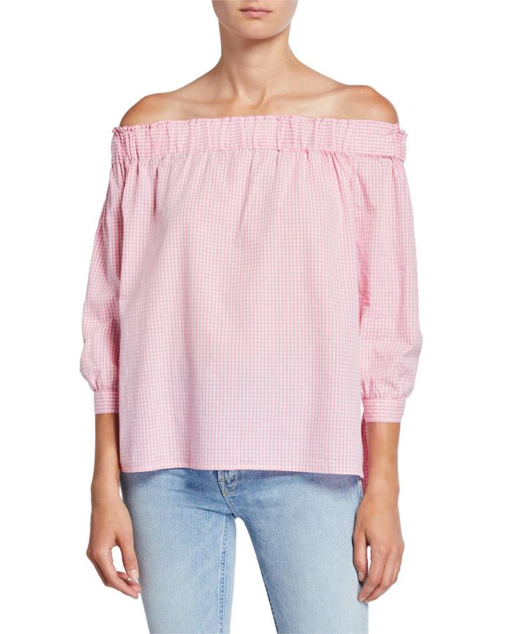 Suri Gingham Off-the-shoulder Tie-sleeve Top