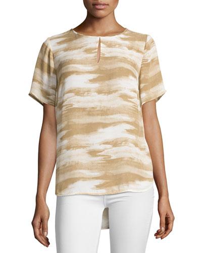 Printed Short-sleeve Keyhole Blouse, Ecru/multi