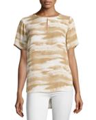 Printed Short-sleeve Keyhole Blouse, Ecru/multi