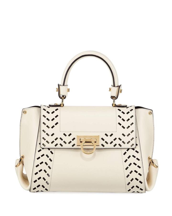 Cutout Leather Top Handle Bag, White