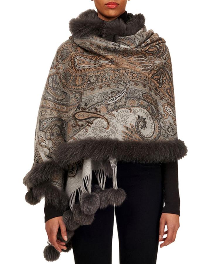 Double-face Cashmere Stole W/ Fur Trim