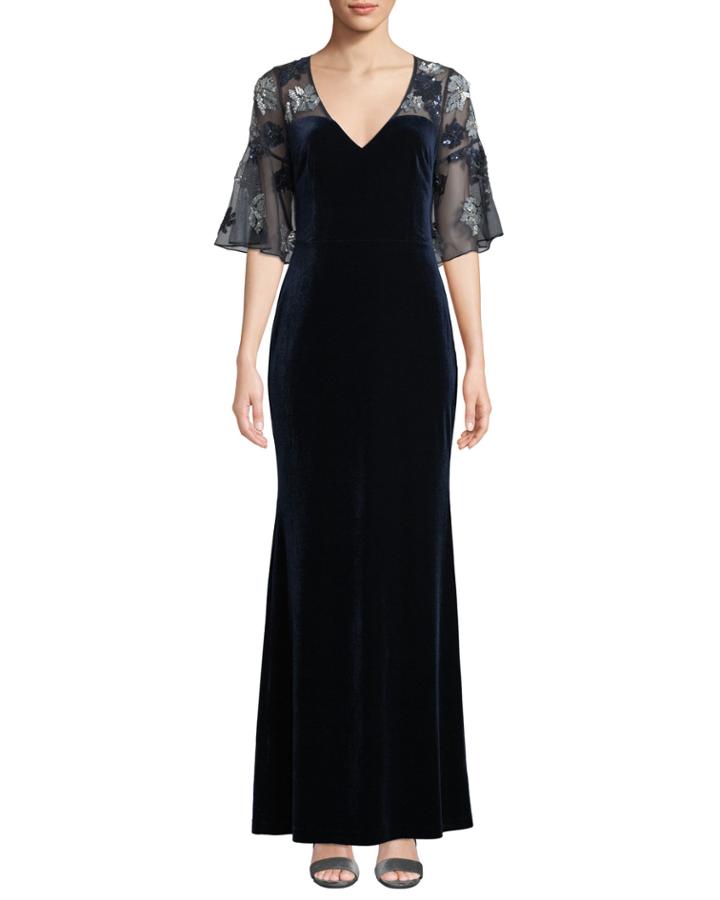 Sheer & Beaded Short-sleeve Velvet Gown