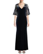 Sheer & Beaded Short-sleeve Velvet Gown