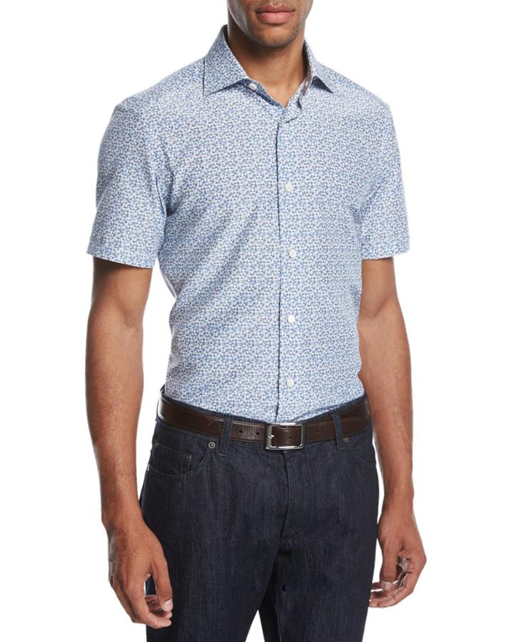 Pixel-print Cotton-silk Short-sleeve Shirt, Blue/black