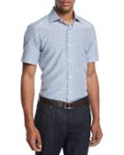 Pixel-print Cotton-silk Short-sleeve Shirt, Blue/black