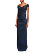 Off-the-shoulder Draped Jacquard Gown