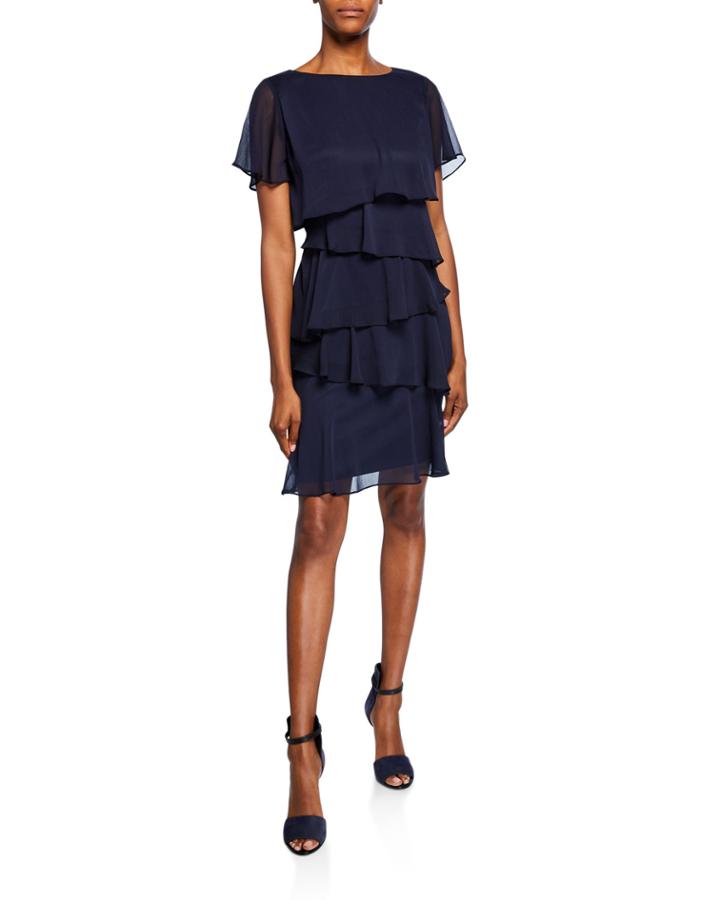 Short-sleeve Multitiered Chiffon Cocktail Dress
