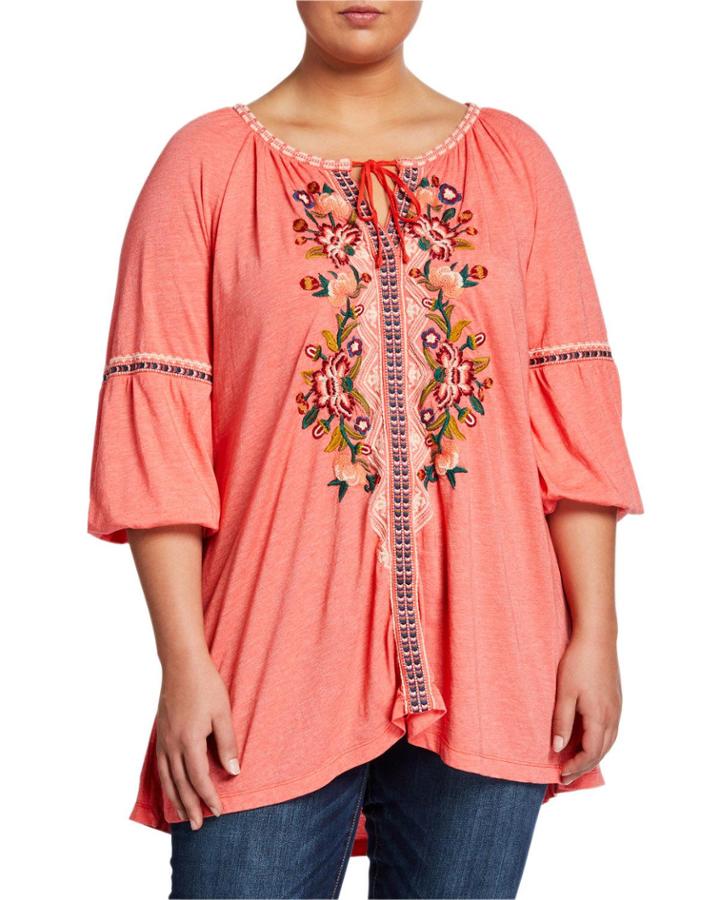 Plus Size Juliene Floral Embroidered Tie-neck Peasant Blouse