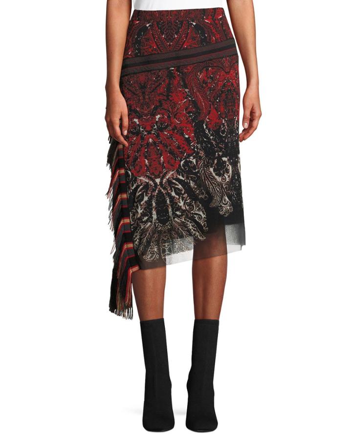 Feather-print Asymmetric Skirt W/ Fringe