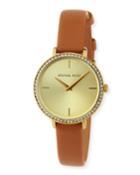 32mm Crystal-bezel Watch W/ Leather Strap, Brown/gold