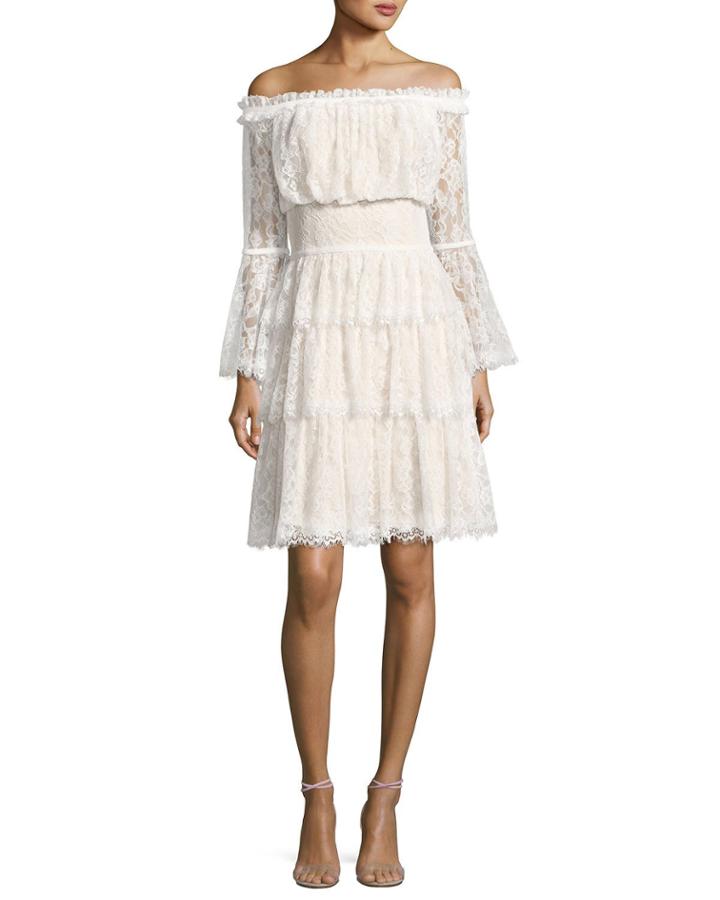 Off-the-shoulder Tiered Lace Cocktail Dress, Ivory/petal