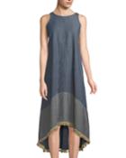 Sleeveless High-low Chambray Dress W/ Fringe Trim