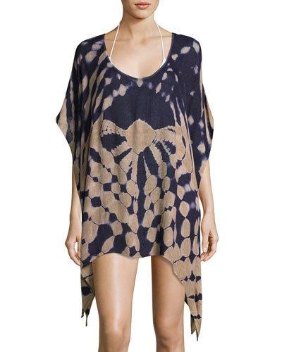 Fishtail-hem Coverup Poncho, Blue Pattern