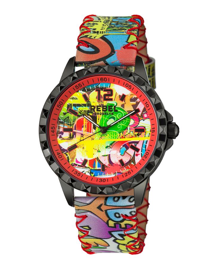42mm Dumbo Graffiti Watch W/ Leather Strap, Black/red