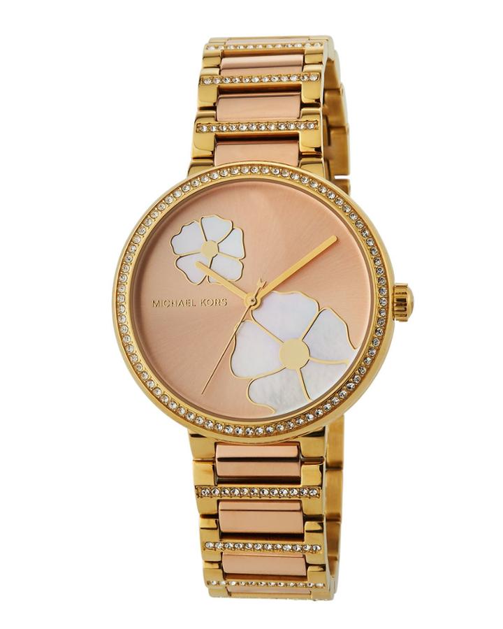 36mm Courtney Flower & Crystal Bracelet Watch, Rose