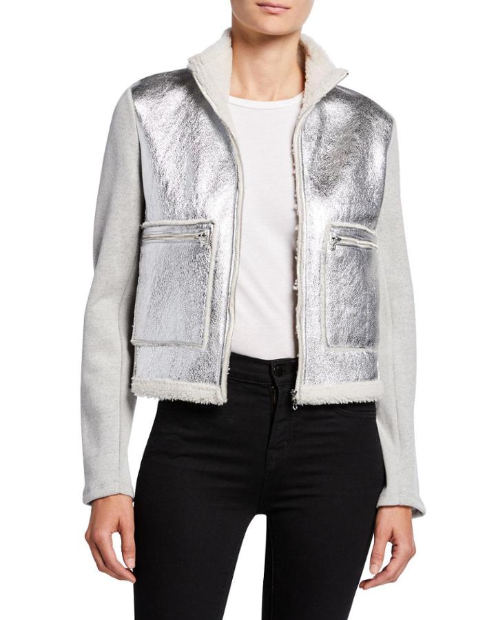 Metallic Shearling Zip-front Jacket