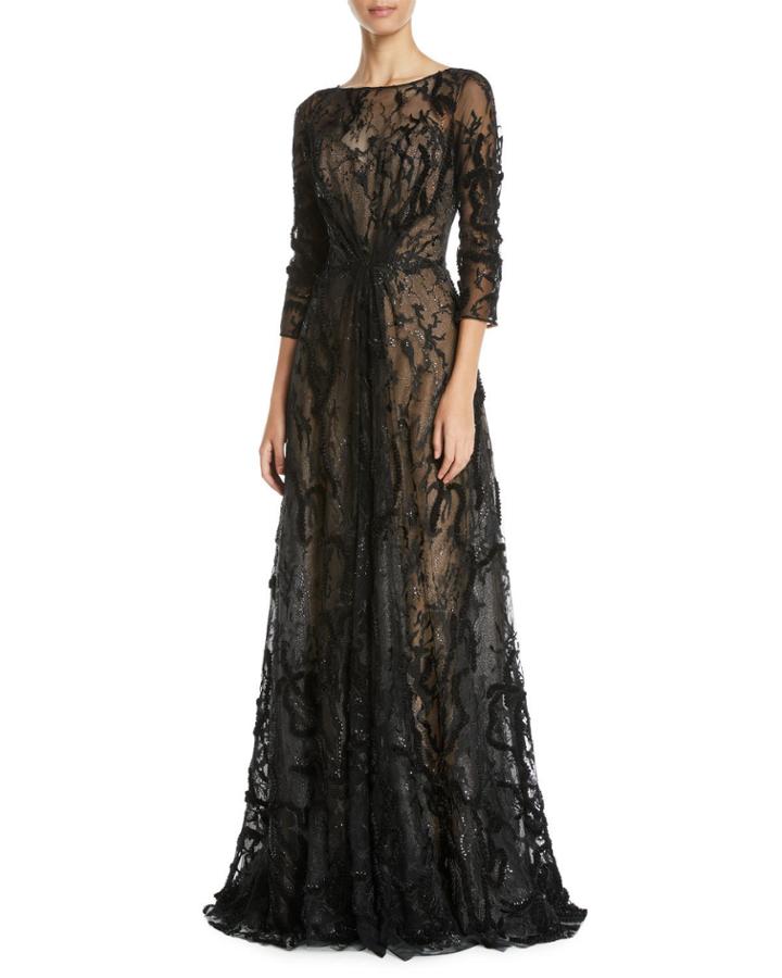 Embroidered Illusion Ball Gown