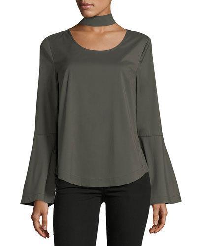 Poplin Bell-sleeve Choker Blouse, Olive