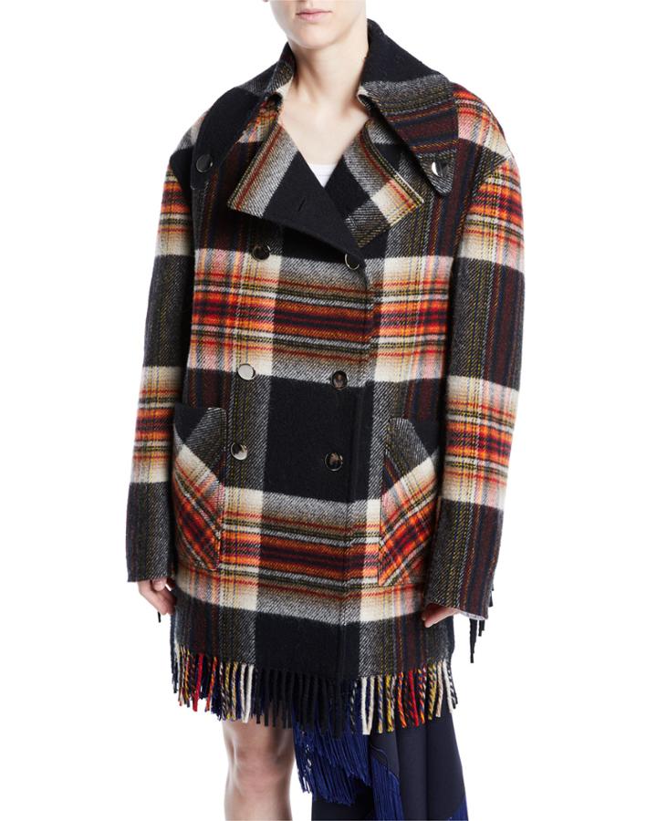 Double-breasted Boxy Plaid Wool Jacket W/ Fringe Trim