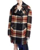 Double-breasted Boxy Plaid Wool Jacket W/ Fringe Trim