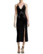 Crinkled Velvet Applique Deep V Midi Dress, Black