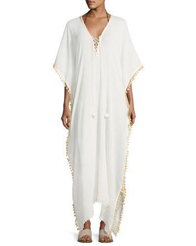 Lace-up Neckline Maxi Coverup, Natural