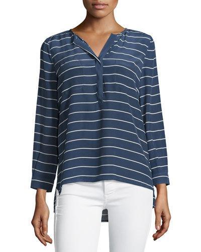 Long-sleeve Striped Silk Blouse, Dark Navy/porcelain