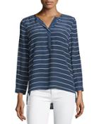 Long-sleeve Striped Silk Blouse, Dark Navy/porcelain