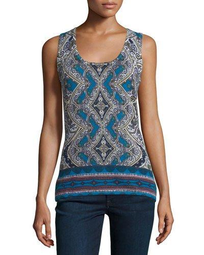 Medallion Cashmere Tank, Azure/olive
