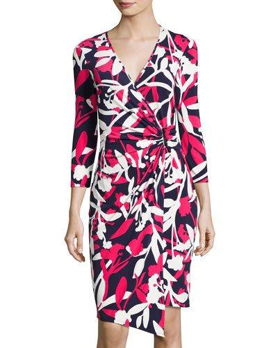3/4-sleeve Floral-print Wrap Dress, Red Patter