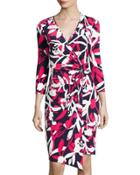 3/4-sleeve Floral-print Wrap Dress, Red Patter