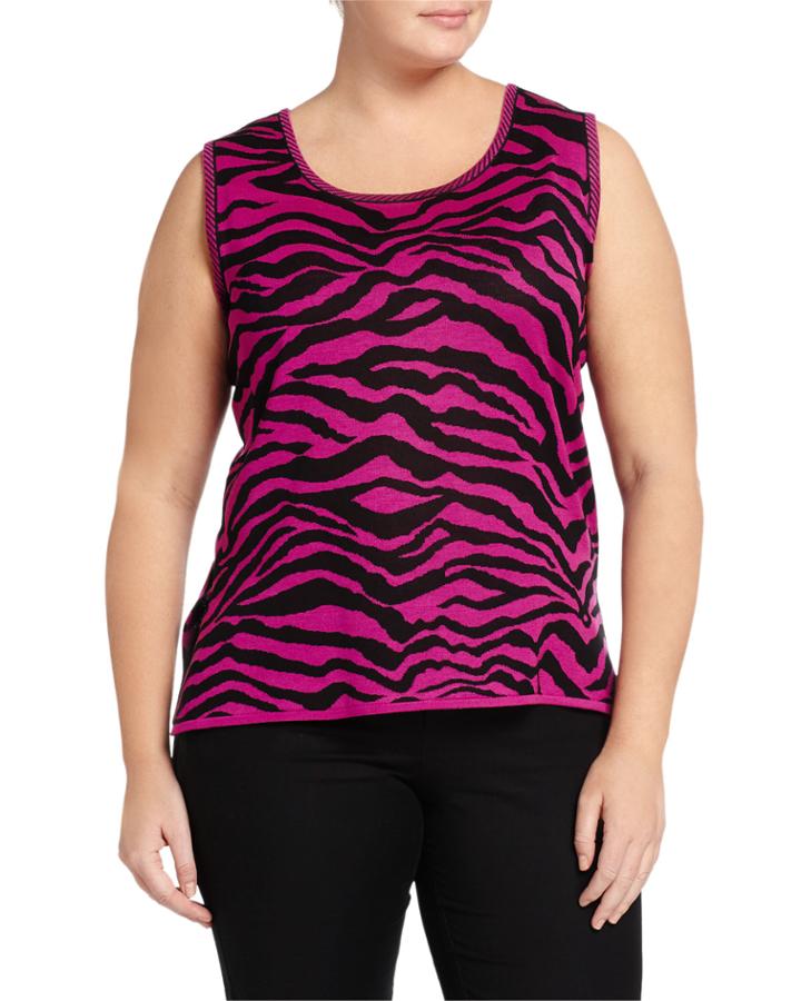 Ming Wang Plus Animal-print Scoop-neck Tank, Black/fuchsia, Women's,