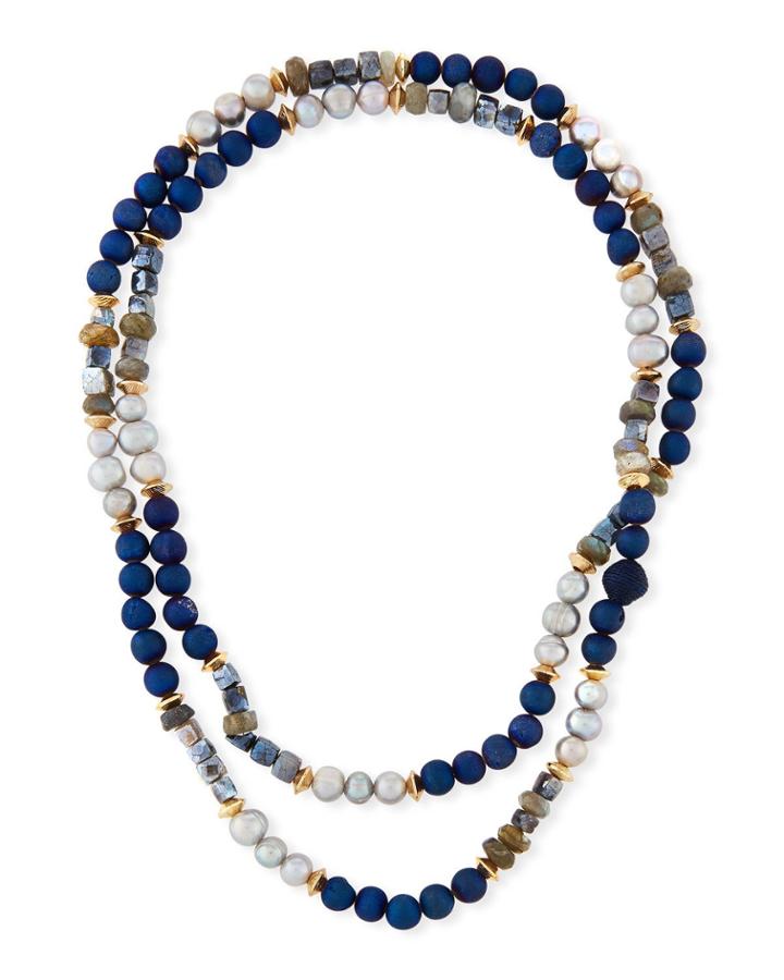 Long Thin Mixed Stone & Pearl Strand Necklace