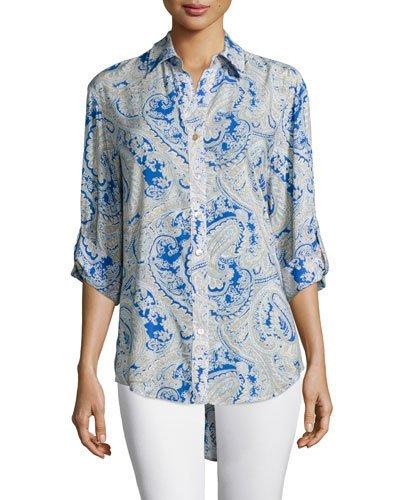 3/4-sleeve Button-front Printed Shirt, Blue